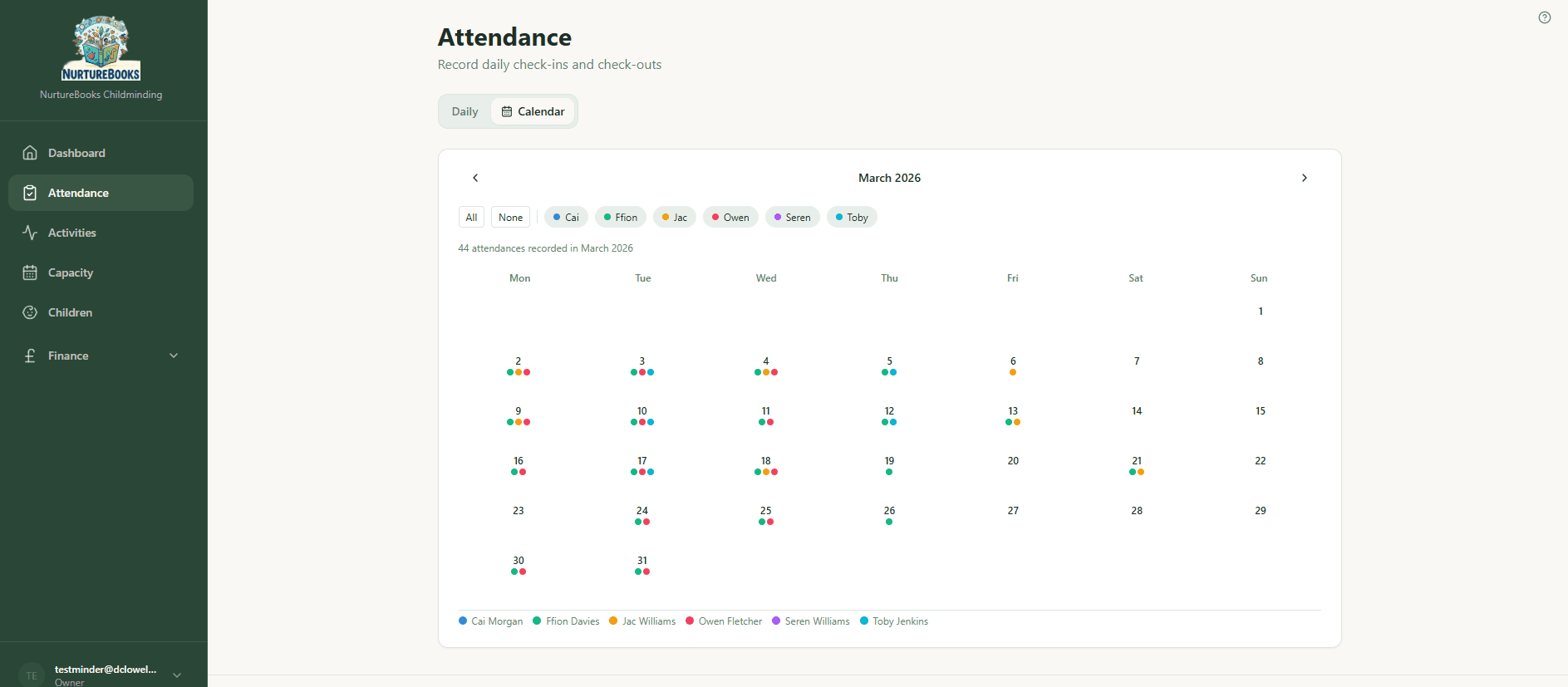 NurtureBooks attendance calendar