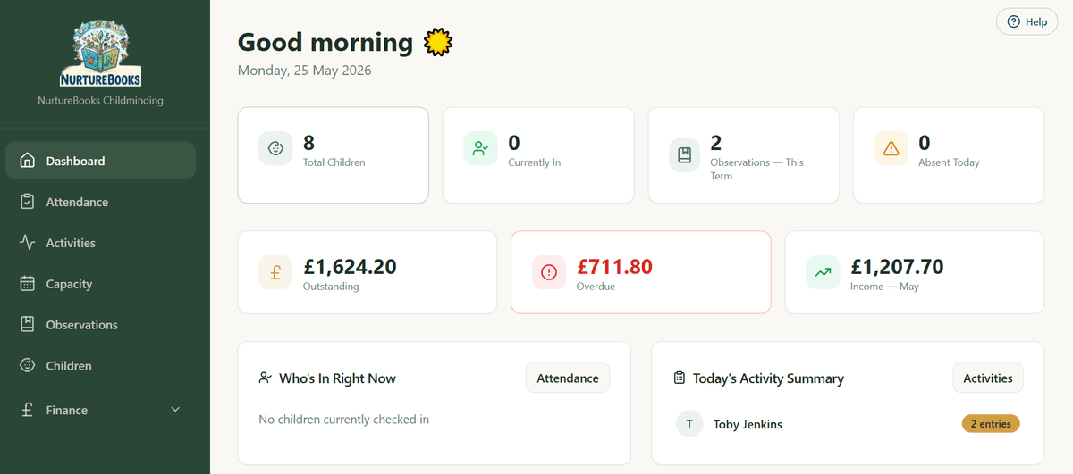 Dashboard showing Outstanding, Overdue, and Income this month