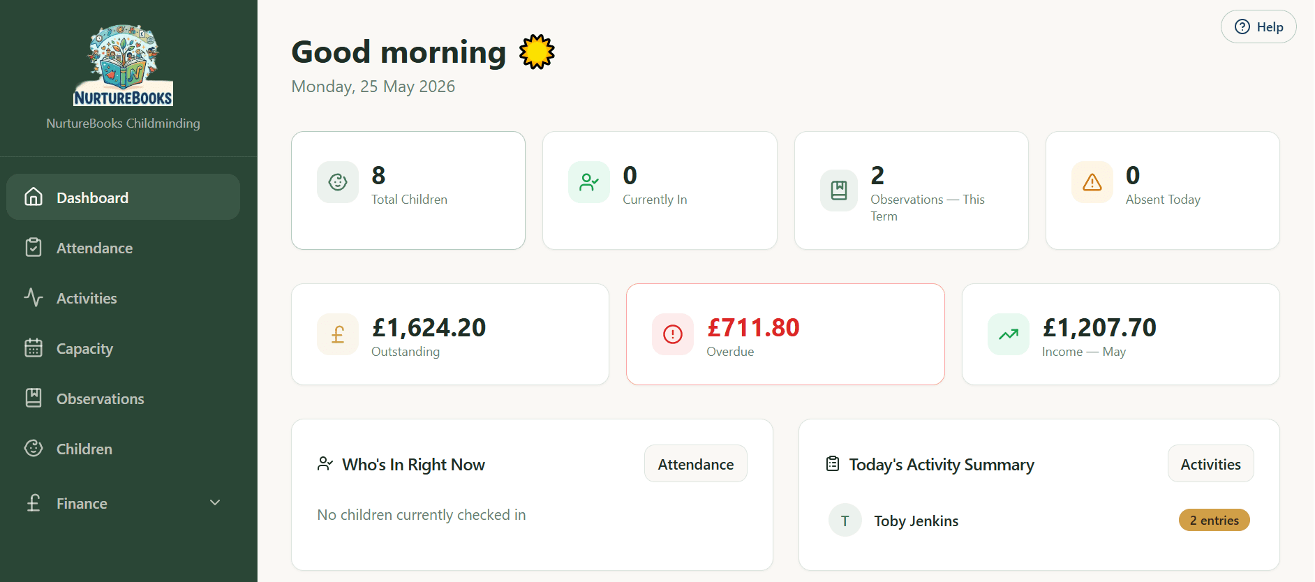 NurtureBooks dashboard showing financial summary and attendance