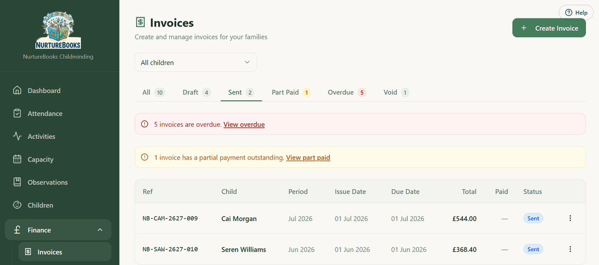 Invoice management screen