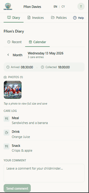 Parent portal showing daily diary view